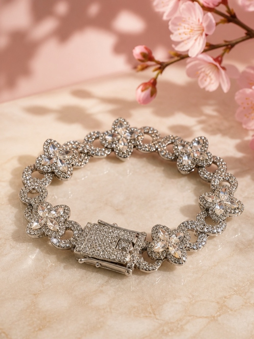 Crystal clover Floral Silver tone Bracelet - Elegant Sparkle for Women
